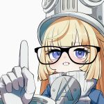  1girl absurdres ackchyually_(meme) akaika_(aka) bespectacled black-framed_eyewear blonde_hair blue_jacket buck_teeth commentary_request glasses gloves hat highres index_finger_raised jacket long_hair meme norma_hollowell pointing pointing_up purple_eyes solo teeth white_background white_gloves zenless_zone_zero 