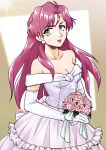  1girl artist_name bare_shoulders bouquet breasts cleavage commentary_request commission dress earrings elbow_gloves gloves gundam highres holding holding_bouquet jewelry junko_jenko medium_breasts pink_hair pixiv_commission red_lips saika_(pixiv43370196) solo standing victory_gundam wedding_dress white_dress white_gloves 