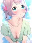  1girl absurdres aqua_eyes blue_skirt blush bow breasts cleavage clothes_pull collarbone commentary_request downblouse green_shirt hair_bow highres kaihi-chan_(kono_shiro) kono_shiro_(kono46_pxv) leaning_forward looking_at_viewer no_bra original parted_lips pulling_own_clothes purple_hair red_bow shirt short_hair short_sleeves short_twintails skirt small_breasts solo t-shirt twintails upper_body wet 