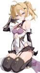  1girl absurdres armpit_crease bare_shoulders black_boots black_garter_straps black_gloves blonde_hair blue_eyes boots breasts chaton_(stella_sora) commentary covered_navel elbow_gloves fang full_body garter_straps gdd_(vkejr702) gloves grin hair_between_eyes highres long_hair looking_at_viewer skin_fang small_breasts smile solo stella_sora thigh_boots twintails untranslatable_commentary v 
