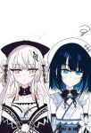  2girls beret blue_eyes commentary_request detached_sleeves flower flower_ornament hair_ornament hat highres japanese_clothes kuyuri1341398 lolita_fashion long_hair magical_girl mahou_shoujo_no_inshuu_mura mikage_rizu multicolored_hair multiple_girls obi orange_eyes patterned_clothing sash short_hair wa_lolita watanuki_sakuya_(manomura) white_background white_flower white_hair 