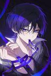  1boy black_shirt black_sleeves blunt_ends blush bound bound_arms collared_shirt commentary eyeliner fingernails genshin_impact hair_intakes hands_up high_collar long_sleeves makeup male_focus mouth_hold portrait purple_background purple_eyes purple_hair purple_ribbon red_eyeliner ribbon ribbon_around_arm ribbon_in_mouth scaramouche_(genshin_impact) shirt solo touyu_1210 tsurime watermark white_shirt wispy_bangs 