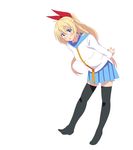  :o arms_behind_back bad_id bad_pixiv_id black_legwear blonde_hair blue_eyes bow hair_bow highres kirisaki_chitoge leaning_forward long_hair nisekoi pleated_skirt school_uniform simple_background skirt solo undershaft white_background 