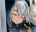  1girl :t blue_hair blush clip_studio_paint closed_eyes closed_mouth commentary demon_horns eating eudetenis facing_viewer food french_fries grey_hair hair_between_eyes holding holding_food horns medium_hair multicolored_hair original portrait rain solo streaked_hair sweat two-tone_hair upper_body variant_set white_hair wolf 