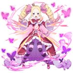  1girl beatrice_(re:zero) blonde_hair blue_eyes blush bow bug butterfly capelet crown dress drill_hair floating_hair frilled_dress frills full_body fur-trimmed_capelet fur_trim game_asset grand_summoners hair_ribbon long_hair long_sleeves looking_at_viewer magic mini_crown official_art open_mouth outstretched_arms pantyhose pink_bow pink_pantyhose pink_ribbon purple_pantyhose re:zero_kara_hajimeru_isekai_seikatsu red_capelet red_dress ribbon shoes sidelocks simple_background solo standing striped_clothes striped_pantyhose symbol-shaped_pupils teeth twin_drills twintails white_background wide_sleeves 