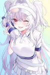  1388chan 1girl ahoge blush bottle breasts collared_shirt commentary fate/grand_order fate_(series) hat highres long_hair looking_at_viewer medium_breasts merlin_(fate/prototype) merlin_(fgo_fes._2026)_(fate/prototype) one_eye_closed open_mouth red_eyes shirt short_sleeves skirt smile solo twintails very_long_hair visor_cap water_bottle white_hair white_hat white_shirt white_skirt wristband 