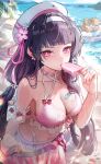 1girl absurdres beret bikini bikini_skirt black_hair breasts chisa_(peach_parfait)_(wuthering_waves) chisa_(wuthering_waves) cleavage commentary datsha eating fingernails food hair_ribbon hairband hat highres holding holding_food holding_popsicle large_breasts long_hair looking_at_viewer nail_polish namipon_(wuthering_waves) ocean official_alternate_costume outdoors pink_bikini pink_eyes pink_nails pink_ribbon plaid_bikini plaid_clothes popsicle ribbon solo swimsuit white_hairband white_hat wuthering_waves 