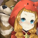  animal blue_eyes blush brown_background hood little_red_riding_hood_(p&amp;d) long_hair mosamune orange_hair puzzle_&amp;_dragons simple_background smile solo star twintails upper_body wolf 