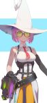  1girl 4649_(jigurobo) asymmetrical_gloves bare_shoulders belt black_belt black_gloves book breasts chest_harness collared_dress dress elbow_gloves gloves green_eyes harness hat highres large_breasts looking_at_viewer mismatched_gloves necktie original pants purple_hair red_necktie ribbed_dress round_eyewear short_hair showgirl_skirt single_elbow_glove solo sunglasses tinted_eyewear white_hat witch witch_hat yellow-tinted_eyewear yellow_pants 