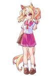  1girl absurdres ahoge animal_ears blonde_hair blush breasts brown_shoes camellia_(camel_mal) closed_mouth ear_covers full_body fusaichi_pandora_(umamusume) hair_between_eyes hair_ornament highres horse_ears horse_girl horse_tail long_hair mismatched_ear_covers multicolored_hair necktie pink_sailor_collar pink_skirt pleated_skirt red_eyes red_necktie sailor_collar school_uniform scrunchie shoes short_sleeves simple_background skirt smile socks solo tail twintails umamusume white_background white_socks wrist_scrunchie 
