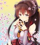  bad_id bad_pixiv_id breasts brown_hair cherry_blossoms cyanomirahi detached_sleeves flower kantai_collection large_breasts long_hair looking_at_viewer miniskirt petals ponytail skirt smile solo steepled_fingers yamato_(kantai_collection) 