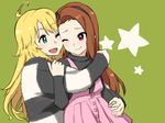  ahoge blonde_hair brown_hair cheek-to-cheek green_eyes hisakawa_riho holding_hands hoshii_miki hug hug_from_behind idolmaster idolmaster_(classic) long_hair minase_iori multiple_girls one_eye_closed open_mouth red_eyes simple_background smile star sweater upper_body 