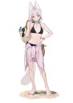  1girl absurdres animal_ear_fluff animal_ears artist_name bag barefoot bikini black_bikini bracelet breasts brown_bag brown_shoes closed_mouth clothes_around_waist commentary fiodo full_body goggles grey_hair hand_on_own_hip hand_up high_heels highres holding holding_bag jewelry medium_hair multiple_bracelets navel necklace original pink_eyes pink_lips pink_shirt sand see-through_clothes see-through_shirt shirt shirt_around_waist shoes side-tie_bikini_bottom signature simple_background small_breasts smile solo standing stomach string_bikini striped_clothes striped_shirt swim_goggles swimsuit toe_ring untranslatable_commentary unworn_goggles unworn_shoes white_background 