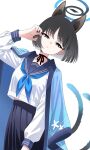  1girl animal_ear_fluff animal_ears black_eyes black_hair blue_archive blue_halo blue_haori cat_ears cat_girl cat_tail colored_inner_animal_ears commentary_request gradient_tail halo haori highres japanese_clothes karasansu kikyou_(blue_archive) kimono_on_shoulders looking_at_viewer multiple_tails sailor_collar school_uniform serafuku short_hair skirt solo tail two_tails white_background 