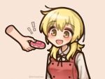  ! !! 1girl :d blonde_hair brown_eyes disembodied_hand donut food hidamari_sketch highres holding holding_donut holding_food miyako_(hidamari_sketch) open_mouth school_uniform shimejimee simple_background smile solo twitter_username yamabuki_high_school_uniform yellow_eyes 