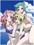  3girls aeru_(simoun) aqua_hair bent_over bikini blonde_hair blue_bikini blue_eyes blush border braid breasts choker cleavage cloud commentary_request cover cover_page dog_tags green_bikini green_eyes hug jewelry large_breasts limone_(simoun) lipstick looking_at_viewer makeup multiple_girls necklace neviril_(simoun) nishida_asako official_art pink_bikini pink_hair pink_lips red_eyes simoun smile strapless strapless_bikini swimsuit water white_border white_choker 