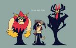  3boys aku_(samurai_jack) angry aqua_background arms_behind_back bare_arms black_cloak black_hood black_skin blue_background cloak cocked_eyebrow colored_sclera colored_skin commentary crossover demon demon_horns english_text fiery_beard fiery_hair frown full_body gloves green_sclera grim_(grim_adventures) height_difference holding holding_scythe hood hooded_cloak horns lineup looking_at_viewer lord_hater male_focus multiple_boys multiple_crossover rariatto_(ganguri) red_cloak red_hood rogues'_gallery samurai_jack scythe simple_background skeleton skull skull_head standing the_grim_adventures_of_billy_&amp;_mandy toon_(style) two-tone_cloak wander_over_yonder weapon yellow_gloves 