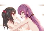  black_hair blush body_blush breasts finger_in_mouth green_eyes highres large_breasts long_hair looking_at_another love_live! love_live!_school_idol_project multiple_girls purple_hair red_eyes saliva sketch small_breasts toujou_nozomi twintails yazawa_nico yuri zheyi_parker 