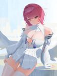  1girl absurdres bare_shoulders breasts cleavage commentary_request cowboy_shot detached_sleeves dress feathered_wings hair_intakes hair_ornament harisen_w highres large_breasts long_sleeves looking_at_viewer medium_hair panties pink_hair purple_eyes remielle_dan smile solo thighhighs underwear white_dress white_panties white_thighhighs white_wings wings zenless_zone_zero 