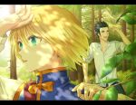 2boys arm_up ayuko_(ayuco) black_hair blonde_hair collared_shirt commentary_request day earrings forest green_eyes highres hunter_x_hunter jewelry kurapika leorio_paladiknight letterboxed male_focus multiple_boys nature outdoors shirt short_hair spiked_hair white_shirt 