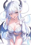  1girl absurdres ahoge bare_shoulders between_legs blue_eyes bow bow_panties bra breasts cleavage collarbone commentary demon_girl demon_horns demon_tail demon_wings hand_between_own_legs hand_on_own_chest highres horns jacket large_breasts lingerie long_hair looking_at_viewer low_wings navel off_shoulder open_clothes open_jacket open_mouth original panties pointy_ears shuvi_(shuvi1125) sidelocks simple_background smile solo tail thea_(nekojira) thighs underwear untranslatable_commentary very_long_hair white_background white_bra white_hair white_jacket white_panties wings 
