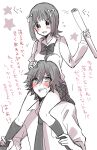 1boy 1girl ahoge amagase_touma amami_haruka ayuko_(ayuco) blush bow bowtie carrying collared_shirt commentary_request greyscale hair_bow idolmaster idolmaster_(classic) idolmaster_side-m long_sleeves miniskirt monochrome multiple_hair_bows necktie open_mouth plaid_clothes plaid_skirt school_uniform shirt short_hair shoulder_carry skirt socks spot_color sweater_vest translation_request 