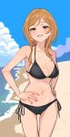  1girl bare_arms bare_shoulders beach bikini black_bikini blonde_hair blue_sky blush breasts cityscape cleavage cloud collarbone commentary_request cowboy_shot dot_nose earrings eyelashes grin halterneck hands_on_own_hips highres idolmaster idolmaster_million_live! jewelry lips long_hair medium_breasts momose_rio navel ocean pink_eyes red_lips sand side-tie_bikini_bottom sky smile solo string_bikini swimsuit teeth triangle_bikini_top wanoji 