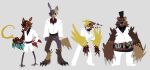  4others animal_ears beak bear_ears bonnie_(fnaf) chica claws commentary east-west_crossover english_commentary feathers five_nights_at_freddy's fox_ears foxy_(fnaf) freddy_fazbear hat highres hook limbus_company multiple_others project_moon rabbit_ears ring_(identity)_(project_moon) sharp_teeth stitches tail teeth top_hat tridenopmoth 