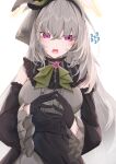  1girl absurdres averting_eyes black_gloves black_sleeves blue_archive blush breasts center_frills commentary_request crossed_bangs detached_sleeves dress frills gloves grey_dress grey_hair hair_between_eyes halo highres idol_clothes large_breasts leonardo_566 long_hair official_alternate_costume open_mouth pink_eyes sakurako_(blue_archive) sakurako_(idol)_(blue_archive) simple_background solo steepled_fingers white_background 