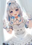  1girl absurdres alternate_hair_length_(longer) amane_kanata amane_kanata_(nurse) apron armband bandaged_arm bandages blue_eyes blue_hair blush breasts cleavage colored_inner_hair commentary_request downcast_eyes dress feathered_wings frilled_apron frills gloves grey_hair hair_ornament hat highres hololive id_card idon_oidon lanyard long_hair looking_at_viewer maid_apron medium_breasts multicolored_hair nurse nurse_cap official_alternate_costume official_alternate_hairstyle open_mouth outstretched_arms puffy_short_sleeves puffy_sleeves short_sleeves single_hair_intake smile solo twintails two-tone_hair very_long_hair virtual_youtuber white_apron white_dress white_gloves white_wings wings x_hair_ornament 