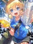  1girl bag between_breasts blonde_hair blue_eyes blue_hair blue_shirt bottle breasts commentary_request food fruit gradient_hair highres holding holding_bottle horns leaf lemon looking_at_viewer multicolored_hair official_alternate_costume open_mouth outstretched_arm pants plastic_bottle puzzle_&amp;_dragons qilin_(p&amp;d) rakulog shirt solo standing strap_between_breasts tree water_drop 