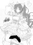  1girl absurdres animal_ears boots cho_kaguya-hime! commentary_request dress fox_ears fujieda_miyabi greyscale highres lineart monochrome ponytail sakayori_iroha sakayori_iroha_(movie_rerelease) sakayori_iroha_(tsukuyomi) signature thighs v 