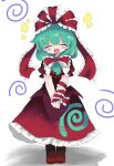 1girl :d alice_grimm arm_ribbon blush bow closed_eyes dress facing_viewer frilled_bow frilled_dress frilled_ribbon frills full_body green_hair hair_bow highres kagiyama_hina long_hair notice_lines open_mouth puffy_short_sleeves puffy_sleeves red_bow red_dress red_shoes ribbon shoes short_sleeves smile solo touhou 