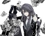  1boy black_gloves black_hair black_jacket bug butterfly collared_shirt commentary_request e.g.o_(project_moon) eogeumni586076 flower formal_clothes gatling_gun gloves hair_between_eyes highres holding jacket jewelry korean_commentary limbus_company long_hair looking_at_viewer male_focus necktie project_moon shirt simple_background solemn_lament_(e.g.o) solo weapon white_background white_shirt yi_sang_(project_moon) 