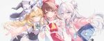  3girls :d absurdres apron ascot bag black_hat black_skirt black_vest blonde_hair blue_bag bow braid brown_eyes brown_hair cardigan character_request commentary_request copyright_request detached_sleeves flower frilled_bow frilled_hair_tubes frills green_ribbon grey_hair grin hair_between_eyes hair_bow hair_bun hair_flower hair_ornament hair_tubes hakurei_reimu hat hat_bow highres ichigoyama kirisame_marisa locked_arms long_hair long_sleeves looking_at_viewer multiple_girls neck_ribbon open_mouth pink_cardigan red_bow red_skirt ribbon ribbon-trimmed_sleeves ribbon_trim school_bag side_braid single_braid skirt skirt_set smile touhou very_long_hair vest waist_apron white_apron witch_hat yellow_ascot yellow_eyes 