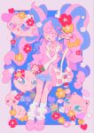  1girl bag blue_eyes blue_hair blue_skirt commentary fairy_miku_(project_voltage) flower full_body gradient_eyes halo hatsune_miku heart heart-shaped_eyewear highres igglybuff jigglypuff looking_at_viewer loose_socks multicolored_eyes multicolored_hair one_eye_closed open_mouth pastel_colors pink-tinted_eyewear pink_eyes pink_hair pink_shoes pink_sweater pokemon pokemon_(creature) project_voltage red_flower red_nails reed_(makuri_reed) scrunchie shoes skirt smile socks solo sunglasses sweater teeth tinted_eyewear twintails upper_teeth_only v vocaloid white_bag white_socks wrist_scrunchie yellow_flower yellow_scrunchie 