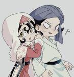  1boy 1girl ^^^ black_hair blue_turban blush commentary_request curly_hair dress green_eyes hijab iranian_clothes open_mouth red_dress sanpaku shira_(tenmaku_no_jaadugar) sitara sweatdrop talking tenmaku_no_jaadugar turban vokivoki white_background white_hijab 