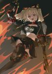  1girl absurdres artist_name black_jacket black_skirt black_tube_top blonde_hair boots breasts burnice_white cleavage commentary eyewear_on_head fingerless_gloves fire flamethrower gloves half-jacket highres holding holding_flamethrower holding_weapon jacket knee_boots medium_breasts midriff open_clothes open_jacket open_mouth orange_eyes signature skirt solo strapless sunglasses tanjwi tube_top twintails upskirt weapon zenless_zone_zero 