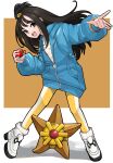  1girl :d absurdres black_hair blue_hoodie bracelet brown_background commentary_request cube_hair_ornament eyelashes grey_eyes hair_ornament highres hood hood_down hoodie jewelry leggings lida_(pokemon) long_hair long_sleeves mochi-kun open_mouth pokemon pokemon_(creature) pokemon_legends:_z-a ribbed_socks shirt shoes sidelocks smile socks staryu tassel teeth topknot upper_teeth_only white_shirt white_shoes white_socks 