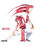 1girl baggy_pants black_horns black_nails black_shoes breasts china_(ppfjvdjudk54073) china_dress chinese_clothes chokkon commentary_request double_bun dragon_horns dress earrings fighting_stance folding_fan from_side gradient_hair hair_between_eyes hair_bun hair_flowing_over hand_fan hand_on_own_leg hand_up high_collar highres holding holding_fan horns ink jewelry kokkimusume korean_commentary large_breasts legs_apart looking_ahead martial_arts multicolored_hair orange_hair pants pelvic_curtain personification pointy_ears profile red_dress red_hair sharp_teeth shoes sidelocks simple_background sleeveless sleeveless_dress solo star_(symbol) star_earrings teeth twintails v-shaped_eyebrows white_background white_pants yellow_eyes 