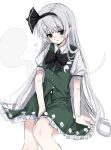  1girl alternate_hair_length_(longer) between_legs black_bow black_bowtie black_hairband blush bow bowtie closed_mouth collared_shirt commentary_request ebuna flying_sweatdrops frilled_skirt frills green_eyes green_skirt green_vest grey_hair hairband hand_between_own_legs highres hitodama konpaku_youmu konpaku_youmu_(ghost) long_hair looking_at_viewer puffy_short_sleeves puffy_sleeves shirt short_sleeves simple_background skirt skirt_set solo sweatdrop touhou very_long_hair vest white_background white_shirt 