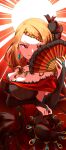  1girl arm_under_breasts bare_shoulders black_bridal_gauntlets black_flower black_rose braid braided_bangs breasts bridal_gauntlets choker cleavage commentary_request dress earrings flower folding_fan hand_fan highres holding holding_fan jewelry lace-trimmed_choker lace_trim large_breasts layered_dress long_hair looking_at_viewer orange_hair priscilla_barielle re:zero_kara_hajimeru_isekai_seikatsu red_dress red_eyes rose single_braid smile solo sun_print tambourine_6010 teardrop_earrings 