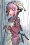  1girl animal_ears apron bird_ears bird_wings brown_apron brown_headscarf commentary cowboy_shot feathered_wings headscarf highres iwashigumo japanese_clothes kimono long_sleeves looking_at_viewer mystia_lorelei okamisty open_mouth pink_hair red_eyes red_kimono short_hair smile solo tongue tongue_out touhou white_wings wide_sleeves wings 