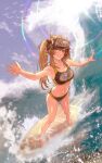  1girl absurdres art_undertaker bare_arms bare_legs bare_shoulders barefoot bikini black_bikini black_ribbon blush breasts brown_hair collarbone commentary day dot_nose english_commentary full_body girls'_frontline girls'_frontline_2:_exilium hair_between_eyes hair_over_shoulder hair_ribbon head-mounted_display highres large_breasts legs legs_apart lenna_(girls'_frontline_2) light_blush long_hair looking_at_viewer navel outdoors ribbon sky smile solo sports_bikini standing stomach sunlight surfboard surfing swimsuit teeth thighs toes twintails ump9_(girls'_frontline) water waves yellow_bikini 