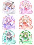  6+girls :d :o ;) alternate_costume anyoji_hime aqua_dress blonde_hair blonde_streaks blue_streaks braid braided_hair_rings bread brown_hair ceras_yanagida_lilienfeld character_name closed_mouth commentary donut double_bun dress expressionless food fujishima_megumi green_dress green_hair grey_dress grey_hair hair_bun hair_rings heart heart_hands highres jersey_maid katsuragi_izumi long_hair long_sleeves love_live! love_live!_hasu_no_sora_jogakuin_school_idol_club low_twin_braids maid maid_headdress mogi_sgame multicolored_hair multiple_girls ogami_sachi one_eye_closed one_side_up open_mouth osawa_rurino pink_dress pink_hair pudding purple_dress red_dress short_hair sleeves_past_wrists smile sticker_(medium) streaked_hair twin_braids two_side_up unconventional_maid untranslatable_commentary virtual_youtuber yellow_eyes 