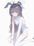 1girl @_@ absurdres alternate_costume animal_ear_hairband animal_ears bare_arms bare_shoulders blue_archive blue_bow blue_hairband blue_leotard blush bow commentary detached_collar fake_animal_ears fake_tail flat_chest grey_halo hairband halo highres leaf leaf_on_head leotard long_hair miyu_(blue_archive) open_mouth playboy_bunny purple_hair rabbit_ear_hairband rabbit_ears rabbit_tail red_eyes sitting solo strapless strapless_leotard tail thighhighs very_long_hair wariza white_thighhighs wrist_cuffs yydata1 