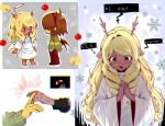  1girl 1other angel_wings animal_ears antlers apple black_eyes black_wings brown_hair colored_skin commentary crying deer_antlers deer_ears deltarune demon_wings drill_hair drill_sidelocks english_text fake_halo fake_horns food fruit hairband halo horn_hairband horns jewelry kaeh_12 korean_commentary kris_(deltarune) long_hair noelle_holiday noelle_holiday_(dark_world) own_hands_together red_eyes red_horns ring scene_reference sidelocks snowflakes thorn_ring_(deltarune) utdr_(toby_fox) weird_route_(deltarune) white_wings wings yellow_skin 