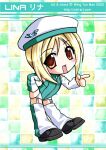  1girl aqua_leotard artist_name black_shoes blonde_hair character_name chibi chibi_only commentary detached_sleeves english_commentary full-length_zipper full_body grid_background hand_on_own_hip happy hat leotard light_blush long_sleeves open_mouth original pointing pointing_to_the_side shoes short_hair sidelocks smile solo white_hat wing_yun_man yellow_eyes zipper 