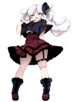  1girl absurdres blue_archive blush boots commentary dress fangs flat_chest full_body grey_hair high-waist_skirt highres kouno_(masao) long_hair looking_at_viewer mutsuki_(blue_archive) open_mouth red_eyes side_ponytail skindentation skirt smile solo thigh_strap thighs 
