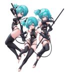  3girls :d absurdres bare_shoulders black_gloves black_leotard black_nails black_thighhighs breasts commentary_request covered_navel elbow_gloves gloves highres holding holding_weapon kuji-in leotard medium_breasts multiple_girls nail_polish no_shoes original partially_fingerless_gloves sideboob simple_background skindentation smile stirrup_legwear taitai thighhighs toeless_legwear toenail_polish toenails weapon weapon_request white_background 